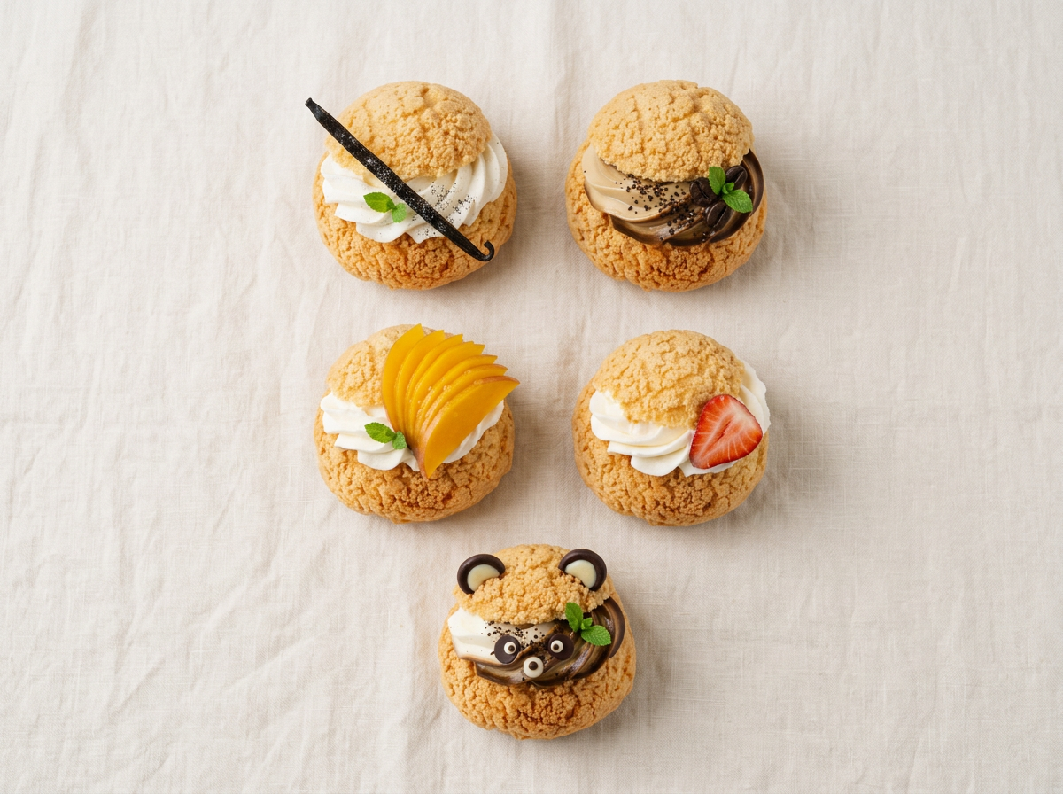 Nine cream puffs laid out on linen, photographed from above