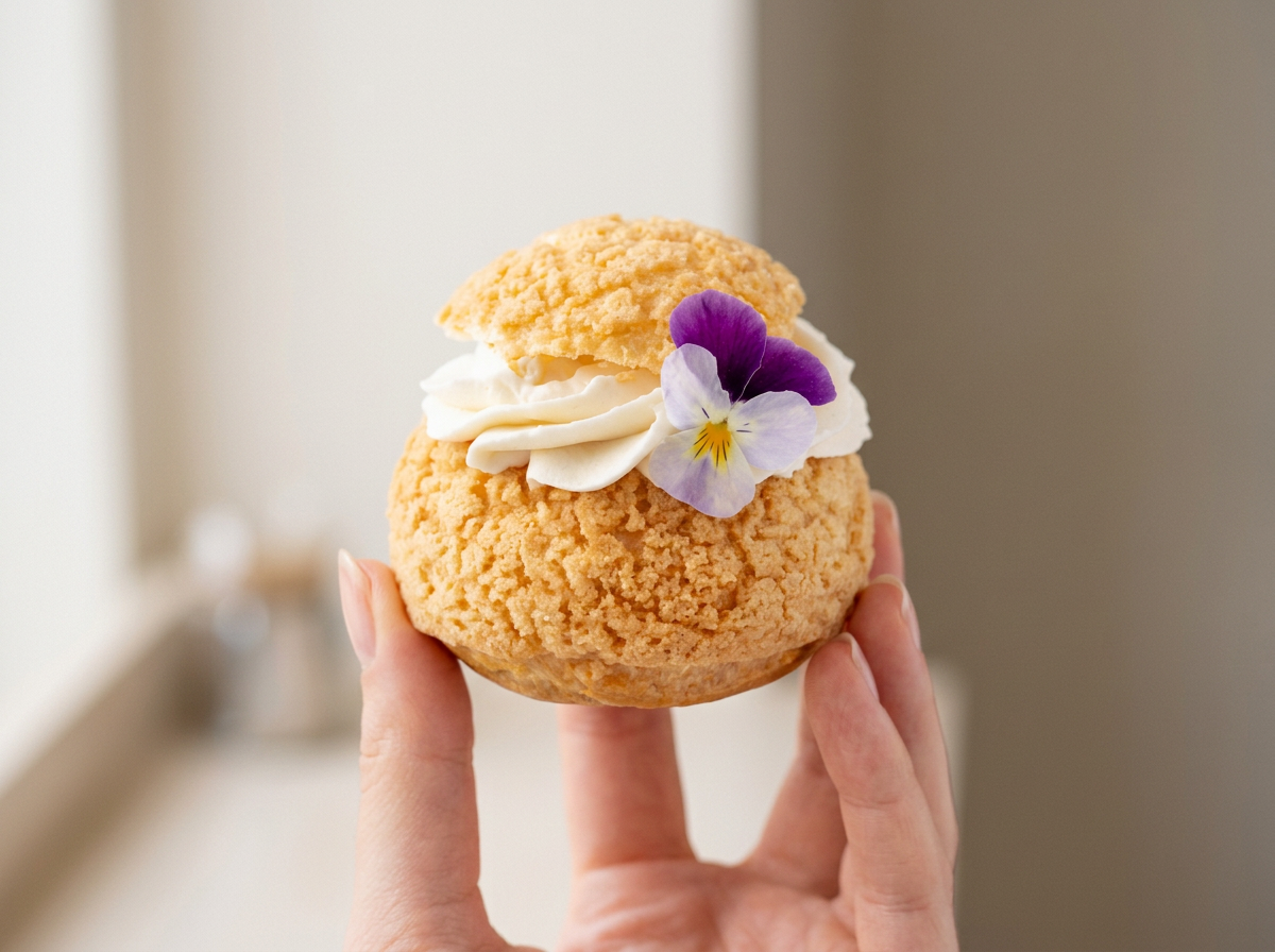A Su Maison cream puff held in one hand, shown at eye level